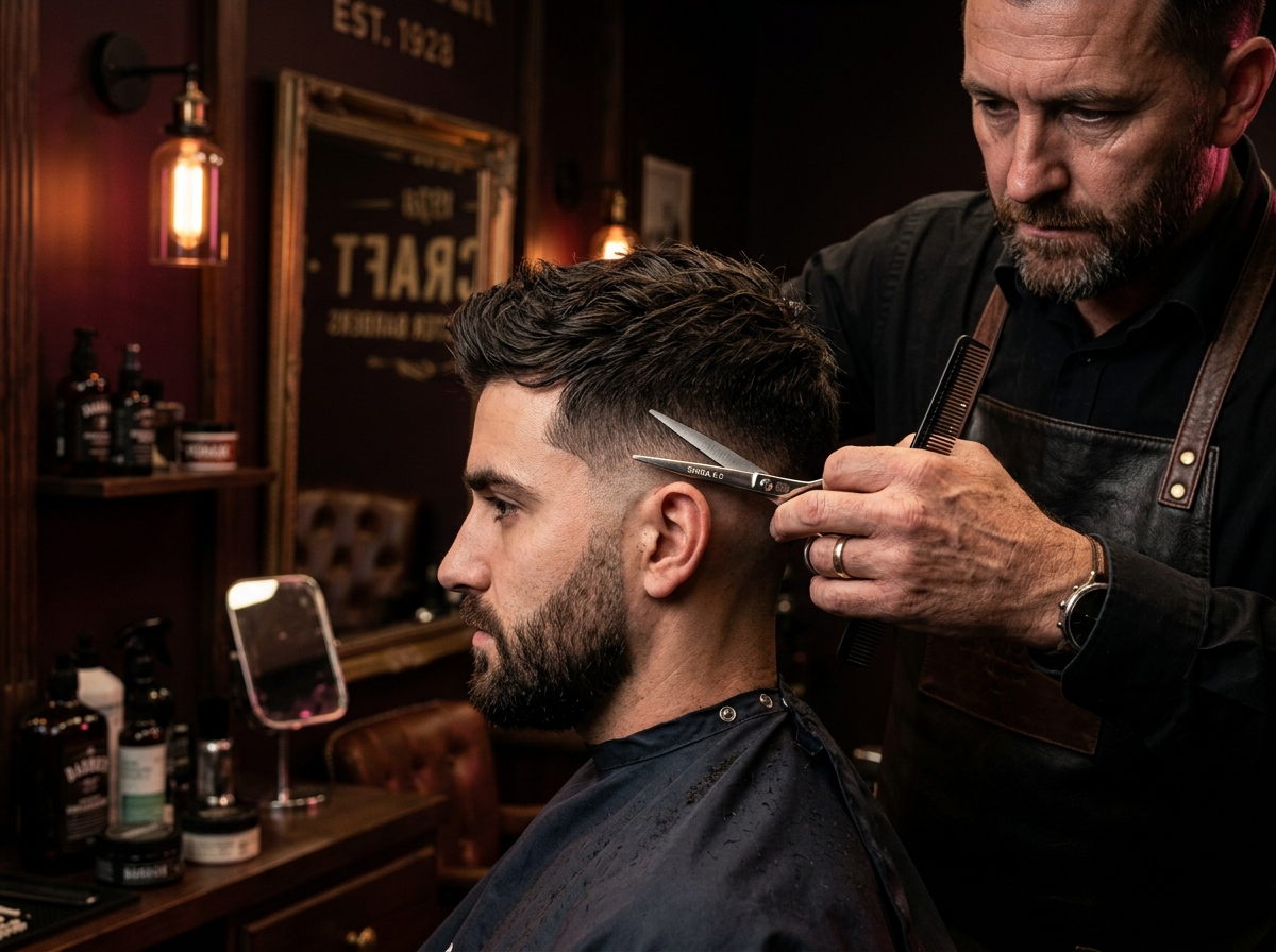 Master barber styling client hair with precision shears